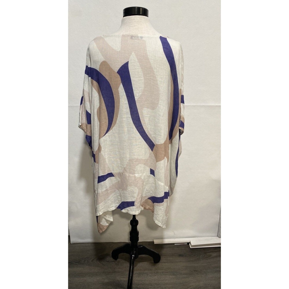 Linen Collection‎ Greece Abstract Swirl Print Poncho Top Blue Tan OS - Picture 4 of 7
